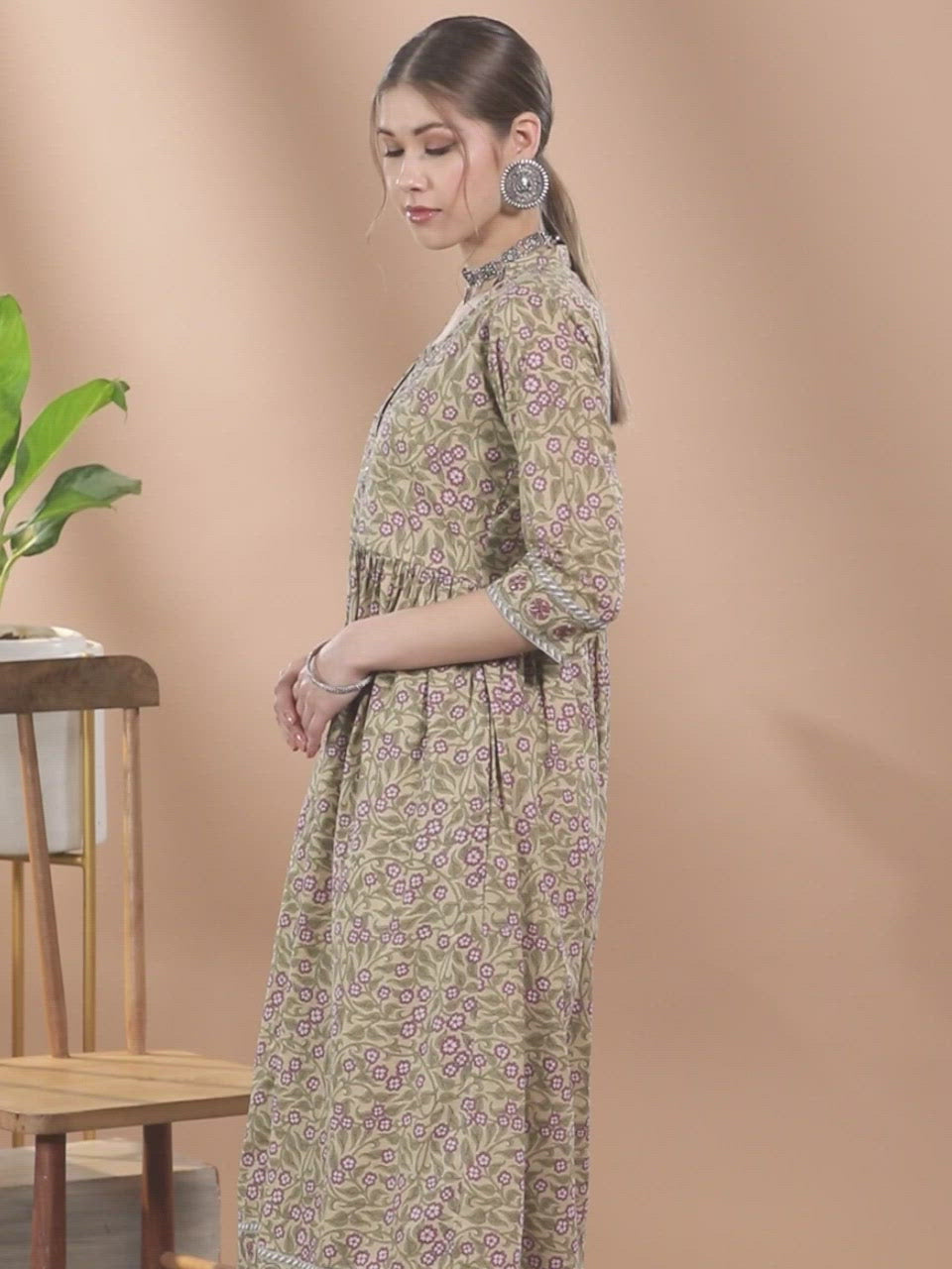  Beige Printed Cotton Anarkali Kurta With Palazzos 