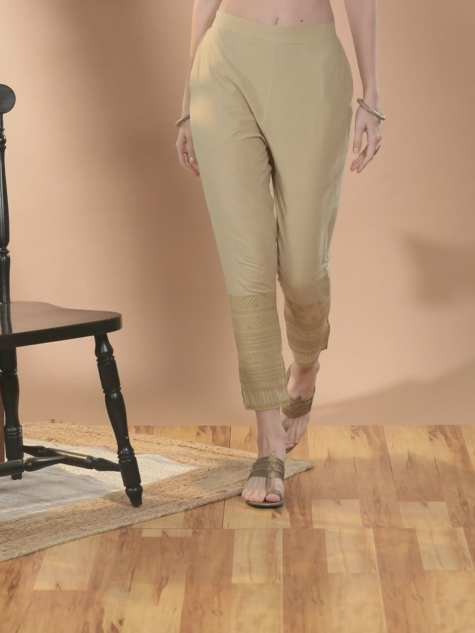  Beige Solid Cotton Trousers 