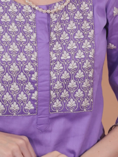 Lavender Yoke Design Silk Blend Straight Kurta With Palazzos & Dupatta