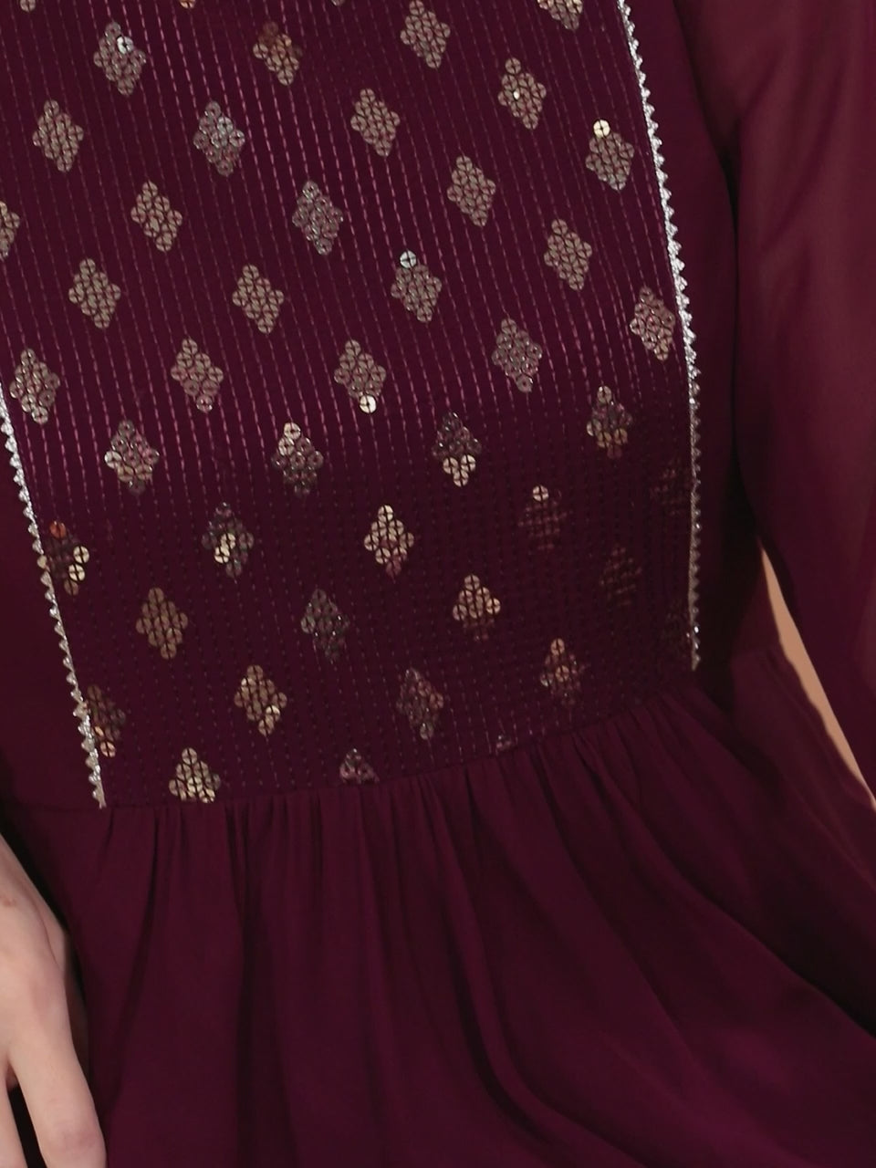  Burgundy Yoke Design Georgette Anarkali Kurta With Churidar & Dupatta 