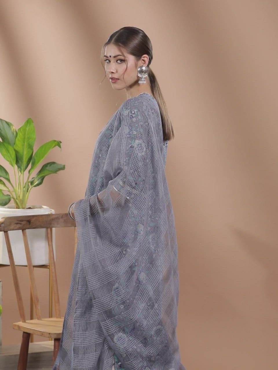  Grey Printed Cotton Straight Kurta With Palazzos & Dupatta 