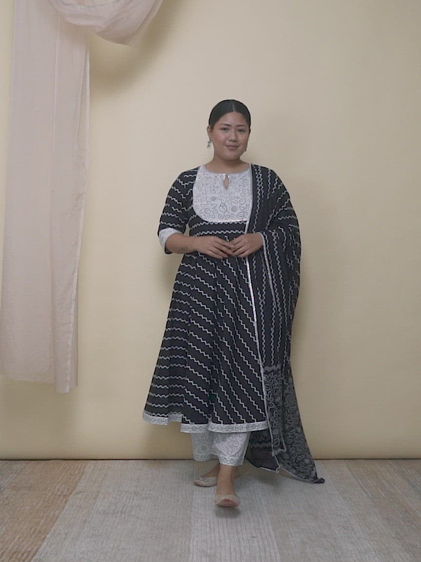  Plus Size Black Printed Cotton Anarkali Kurta With Palazzos & Dupatta 