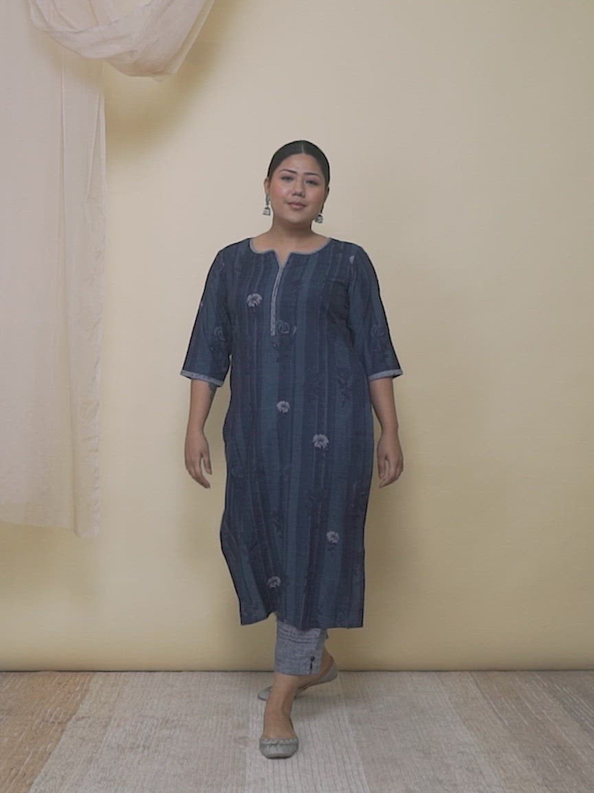 Plus Size Blue Printed Rayon Straight Kurta With Trousers