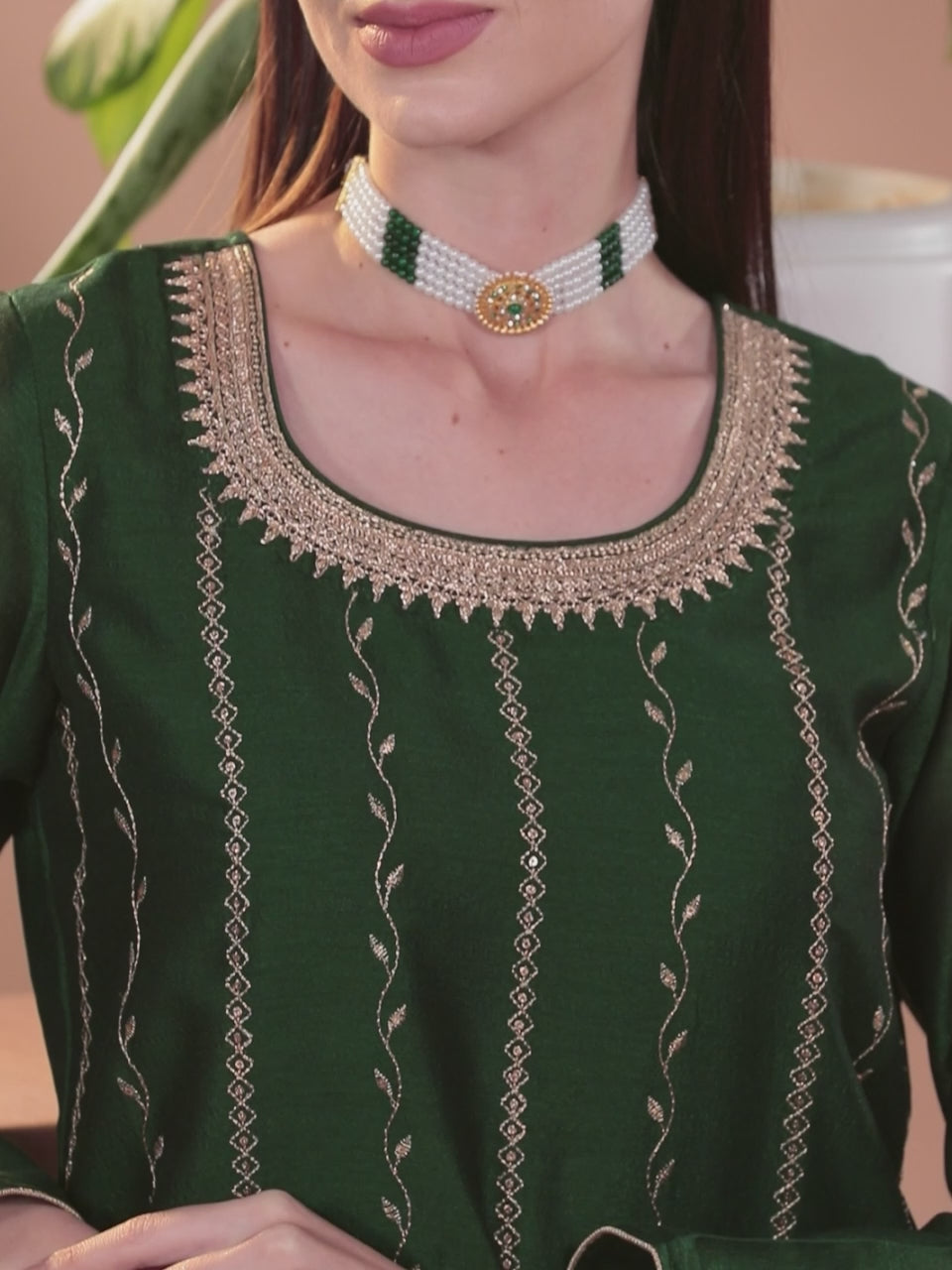  Green Embroidered Silk Straight Kurta 