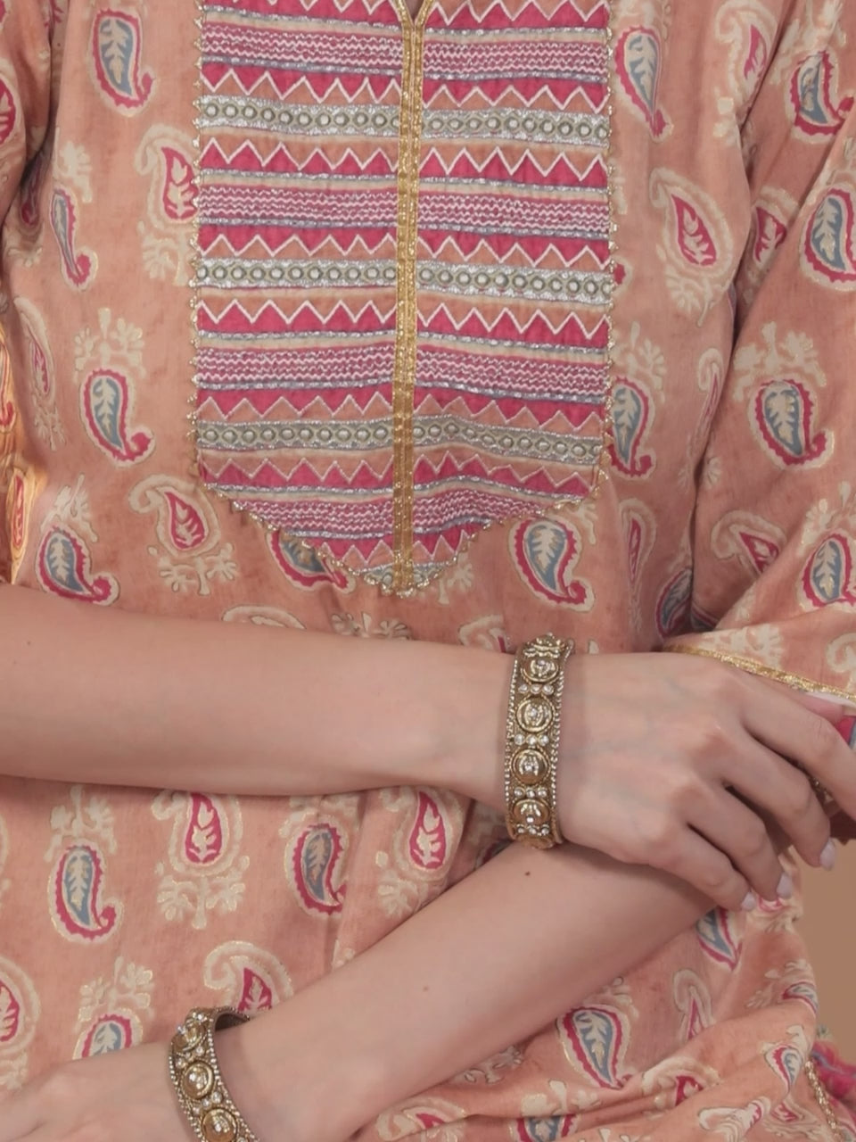  Beige Printed Silk Straight Kurta With Dupatta 