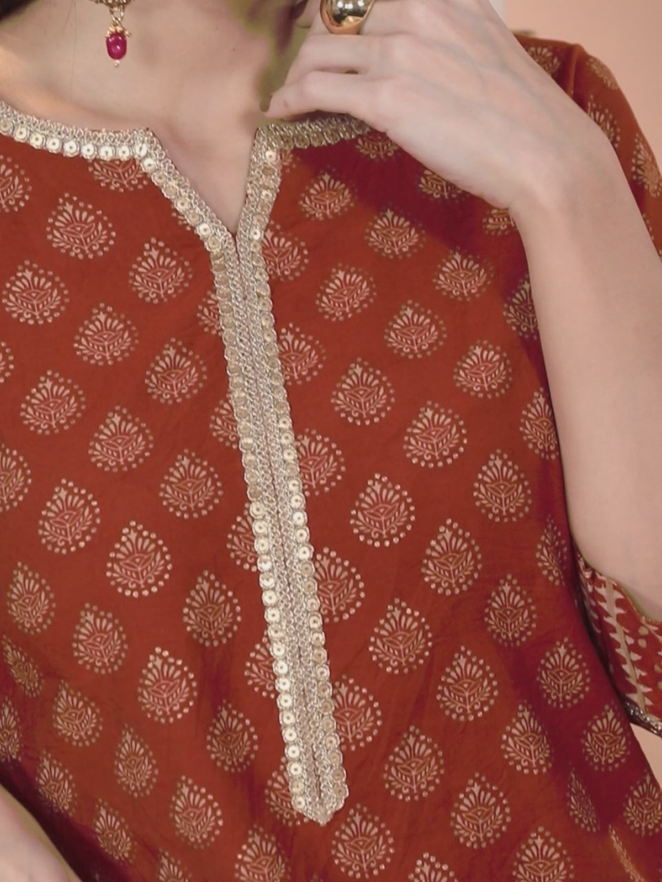  Rust Printed Silk Straight Kurta 