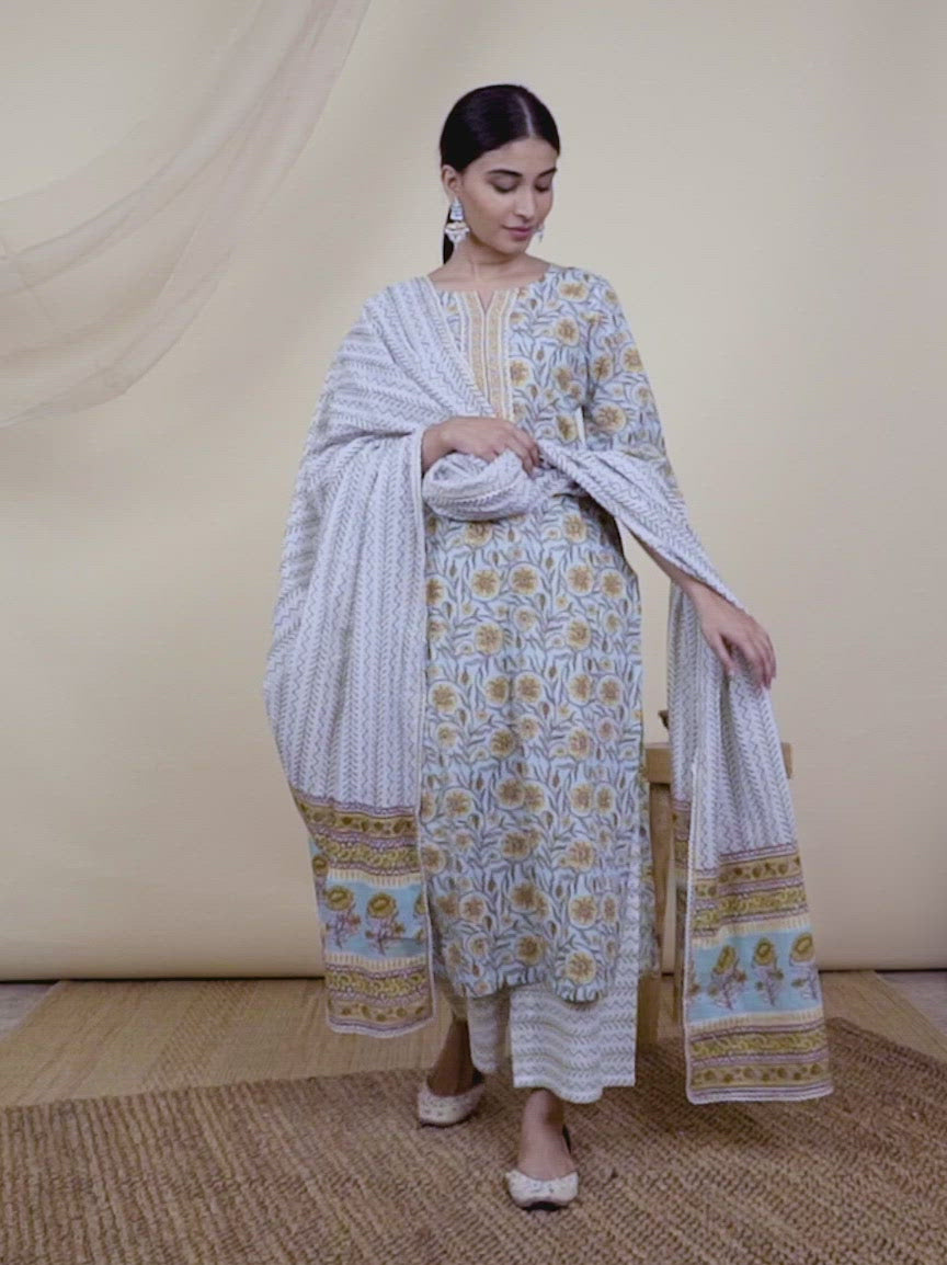  Green Printed Cotton Straight Kurta With Palazzos & Dupatta 