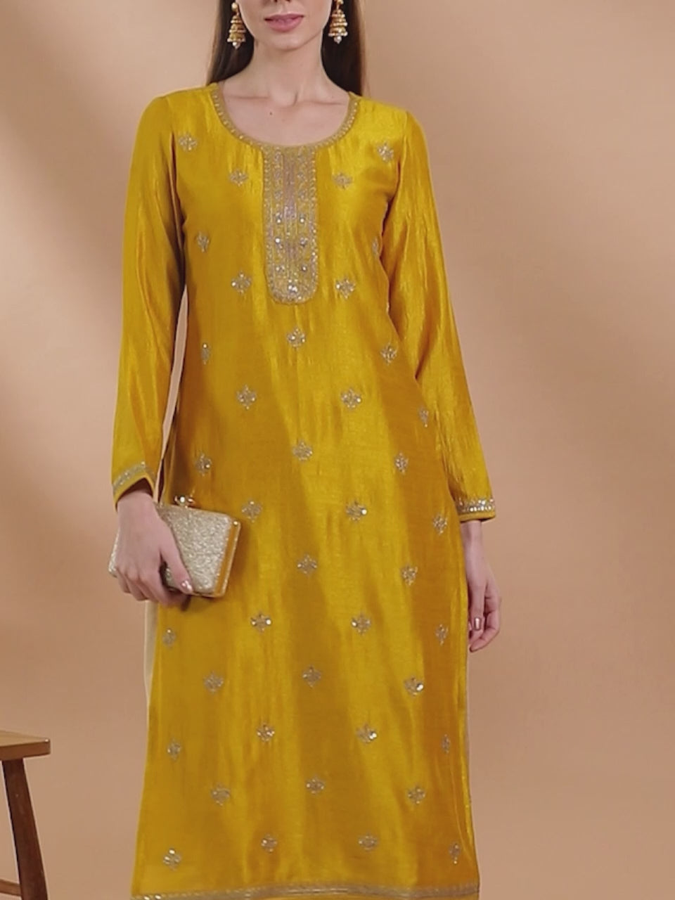 Yellow Embellished Silk Kurta