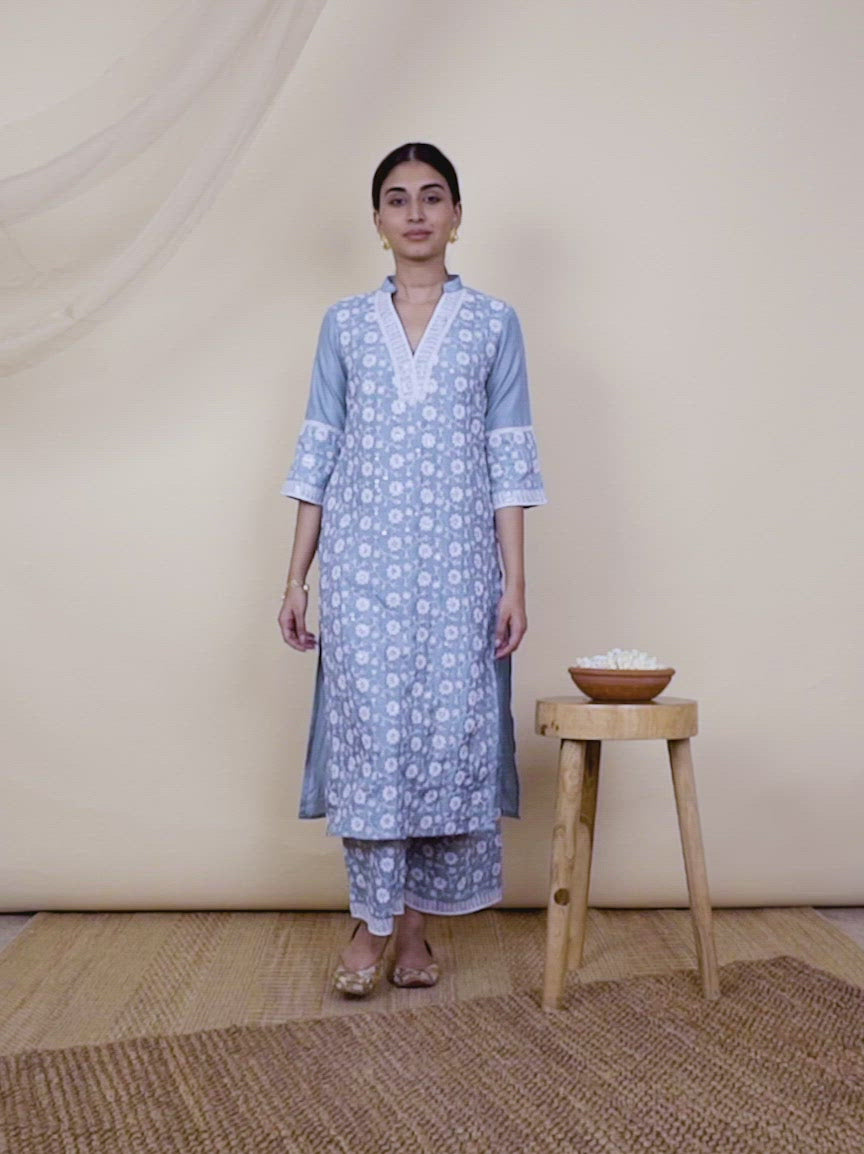  Blue Embroidered Silk Kurta 