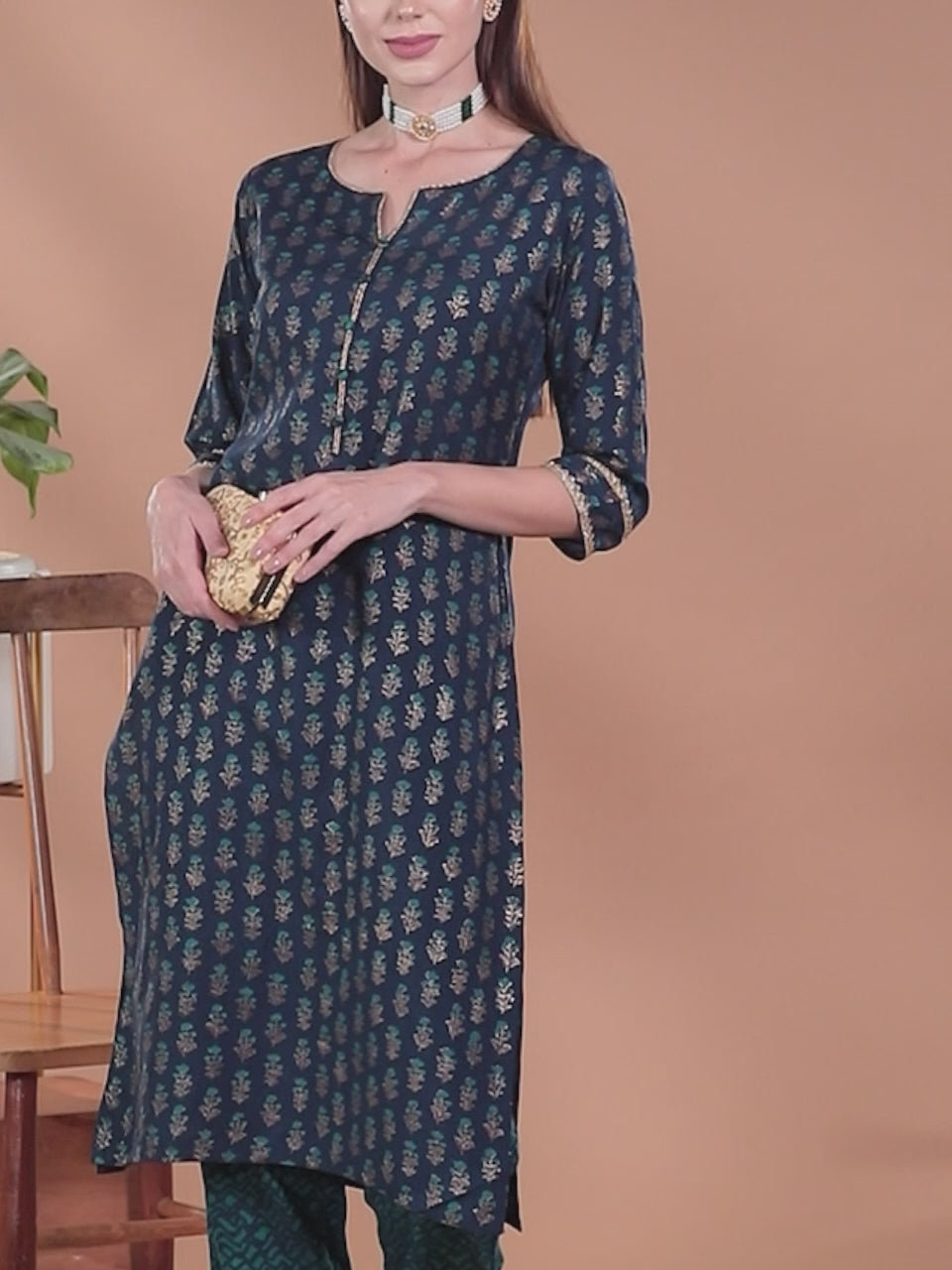 Blue Printed Silk Straight Kurta 