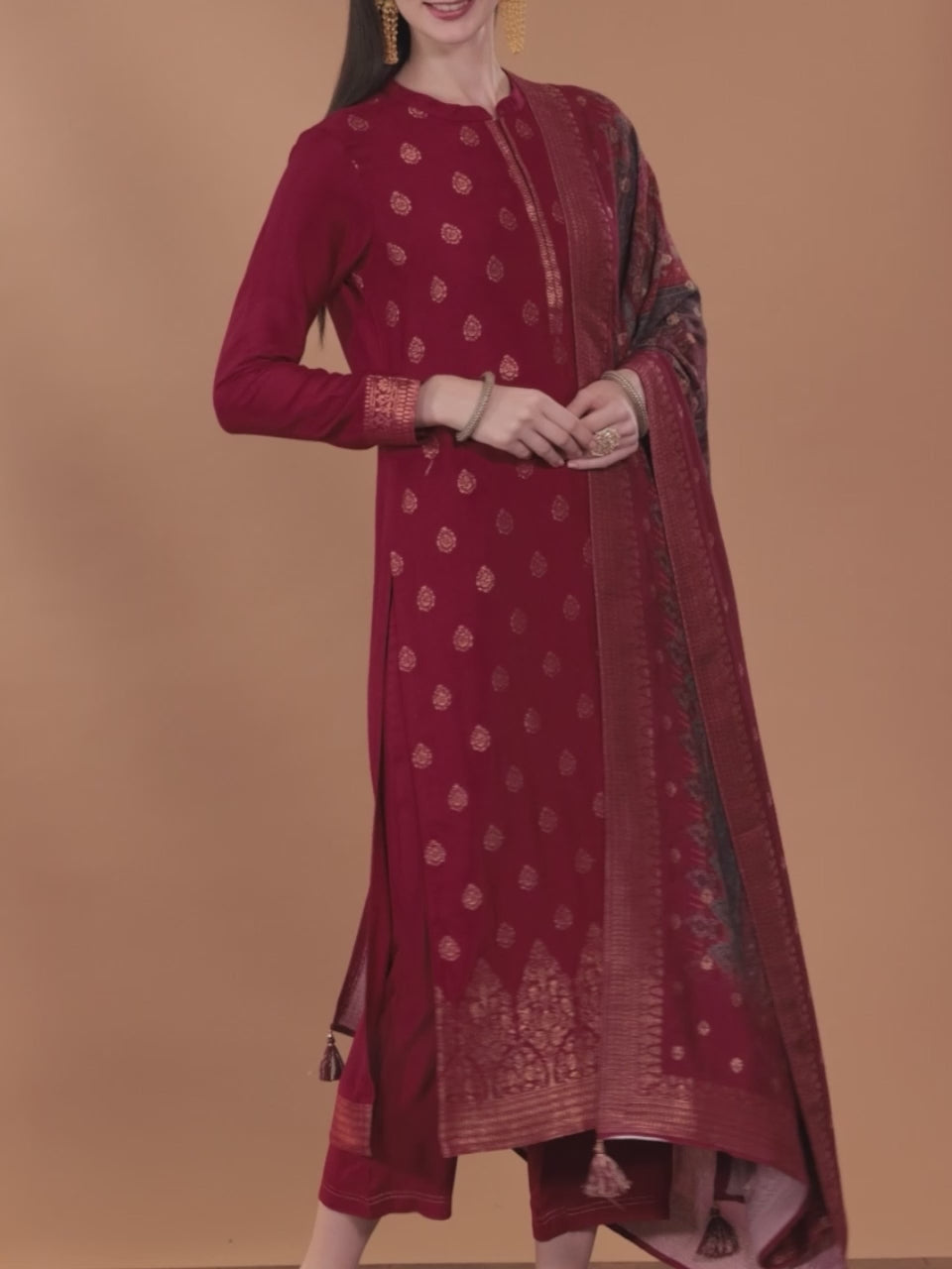 Maroon Self Design Pashmina Wool Straight Kurta With Dupatta