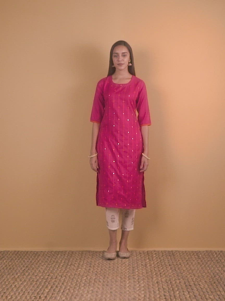 Pink Mirror Work Cotton Kurta