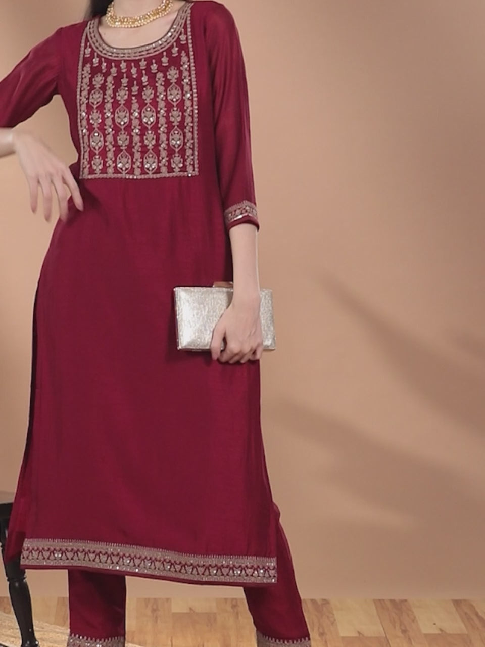 Maroon Yoke Design Silk Kurta