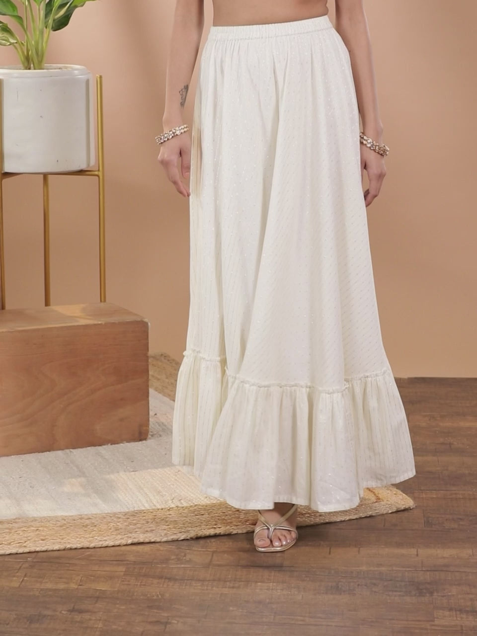 White Self Design Cotton Skirt 