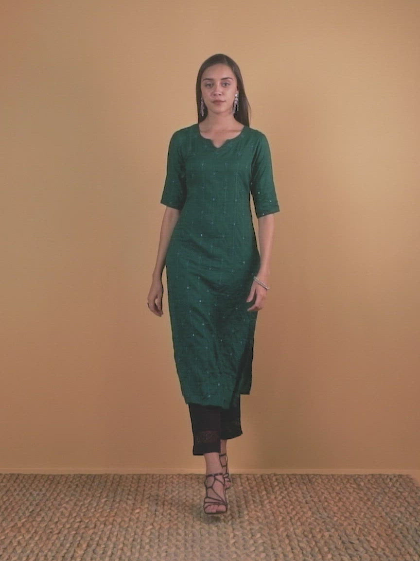 Green Embroidered Rayon Kurta