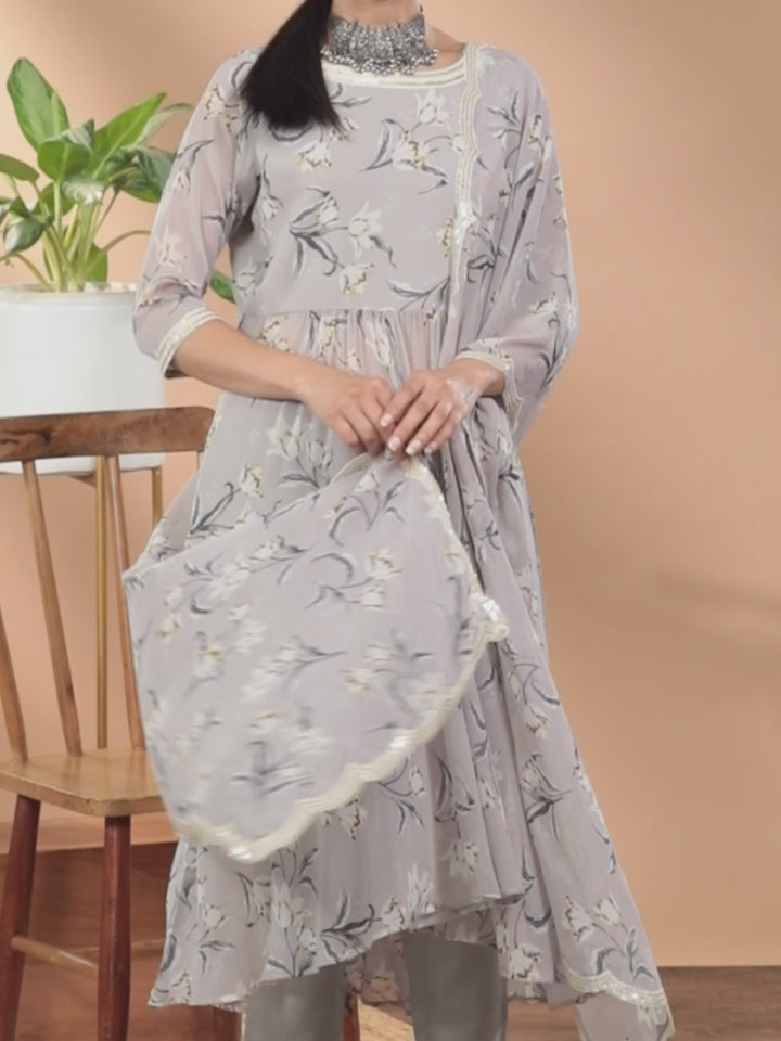 Grey Printed Georgette Anarkali Kurta With Dupatta