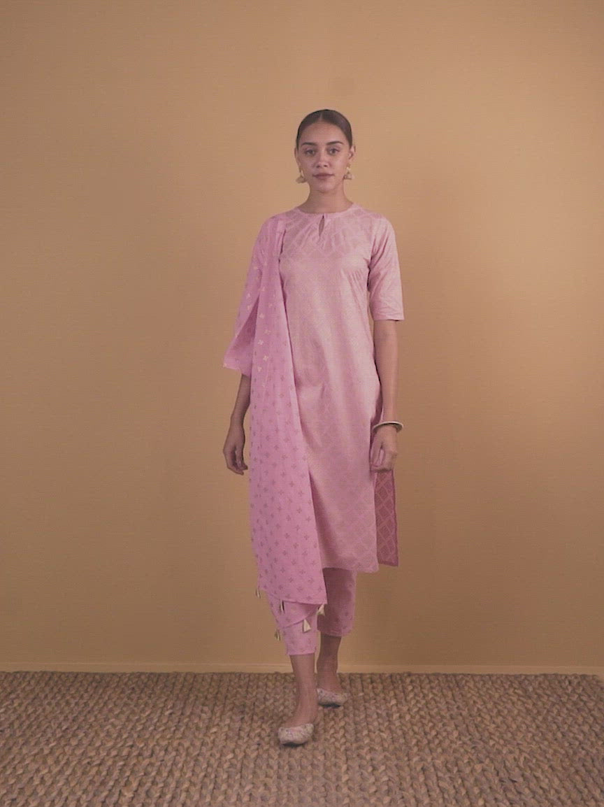 Pink Printed Cotton Straight Kurta With Stole