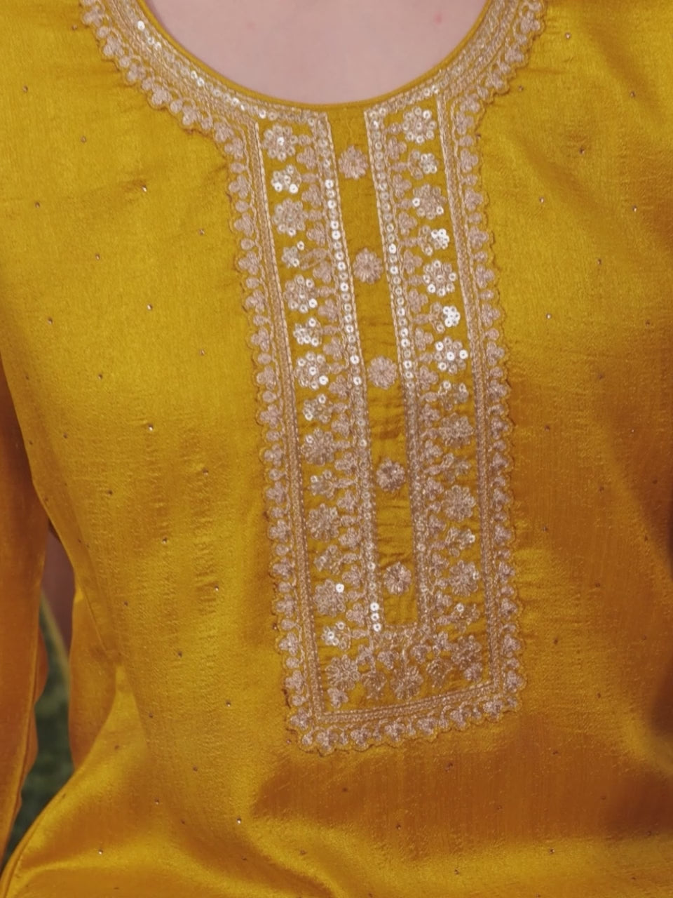 Mustard Embroidered Silk Blend Straight Kurta With Dupatta