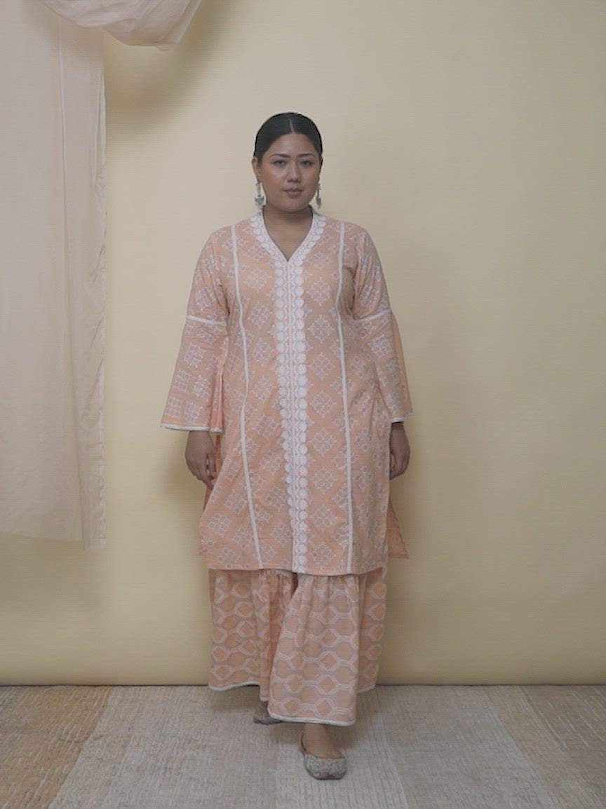  Plus Size Peach Printed Cotton Straight Sharara Suit Set 