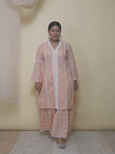 Plus Size Peach Printed Cotton Straight Sharara Suit Set