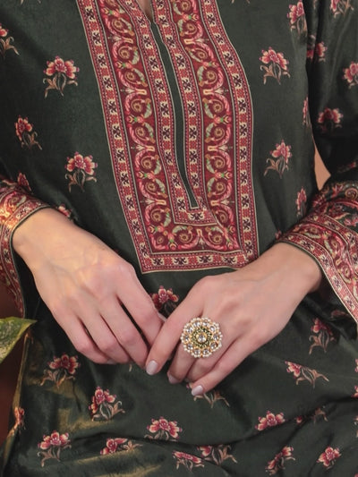 Green Printed Velvet Straight Kurta With Dupatta