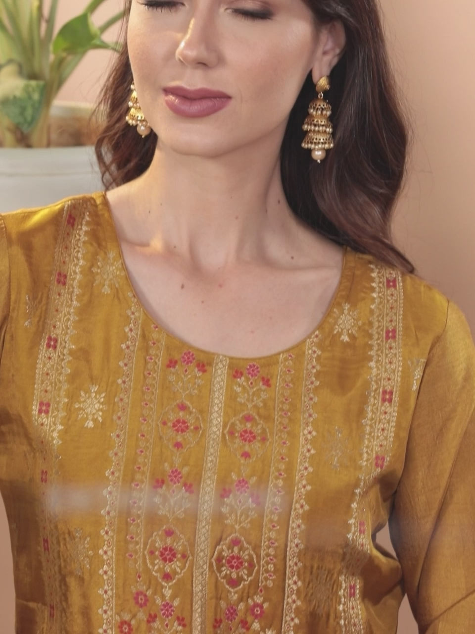  Mustard Self Design Silk Straight Kurta With Dupatta 