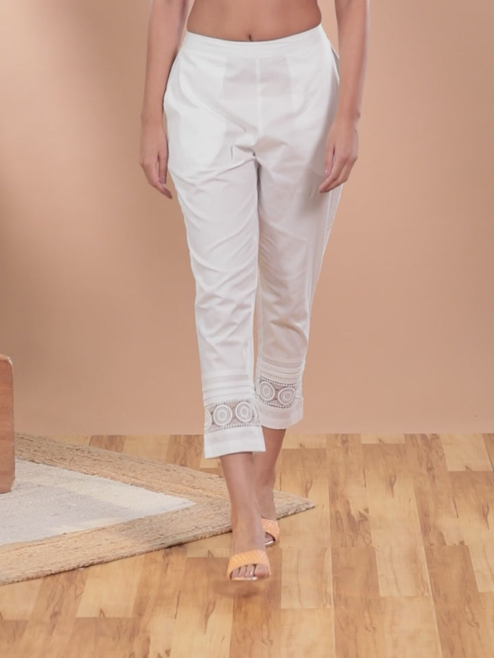 White Solid Cotton Trousers