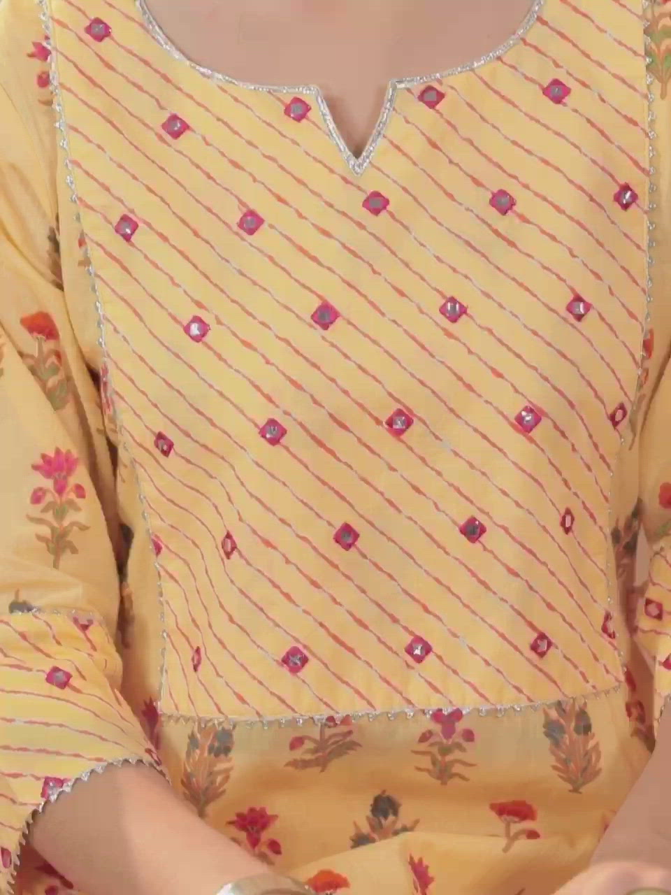  Yellow Printed Cotton Straight Kurta With Skirt & Dupatta 
