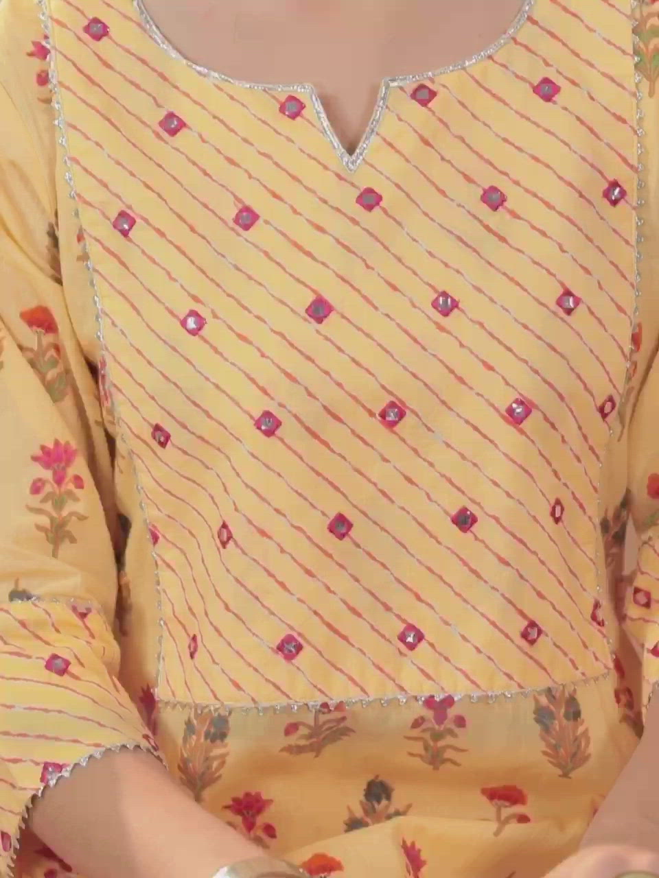 Yellow Printed Cotton Straight Kurta With Skirt & Dupatta