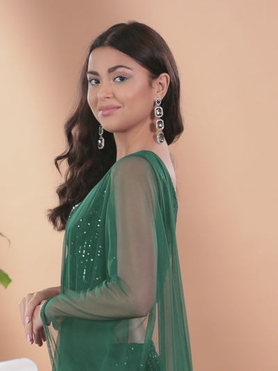 Green Embellished Nylon Top With Palazzos & Dupatta