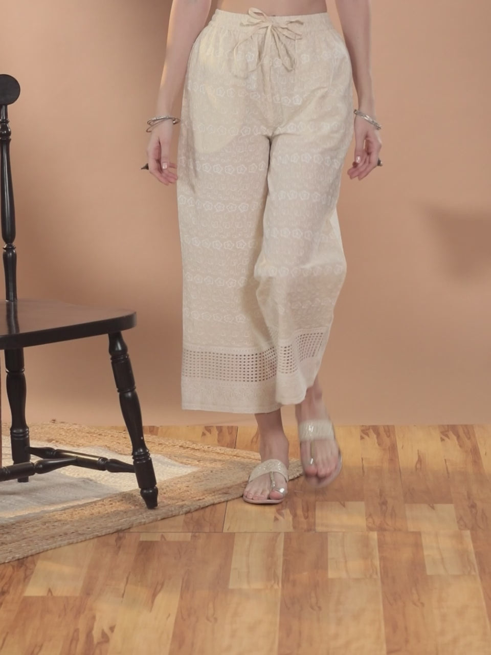  Cream Embroidered Cotton Palazzos 