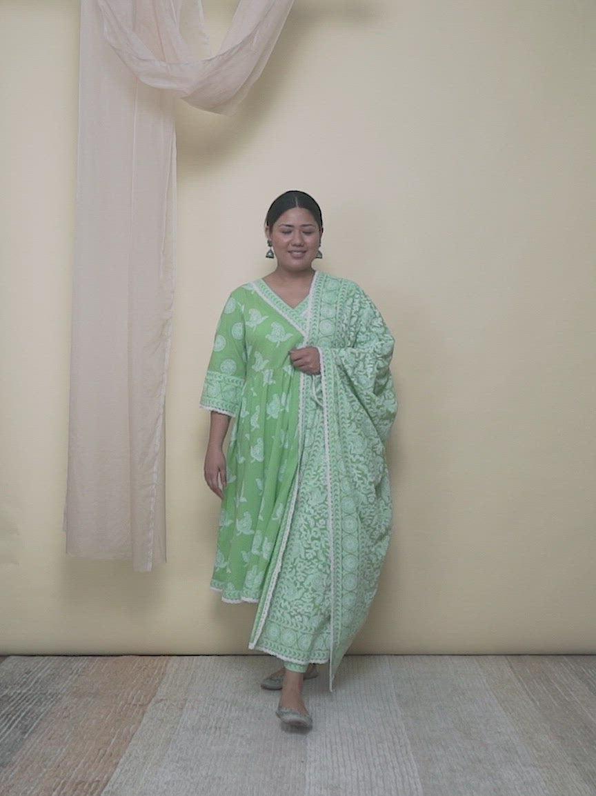 Plus Size Green Printed Cotton Anarkali Kurta With Palazzos & Dupatta