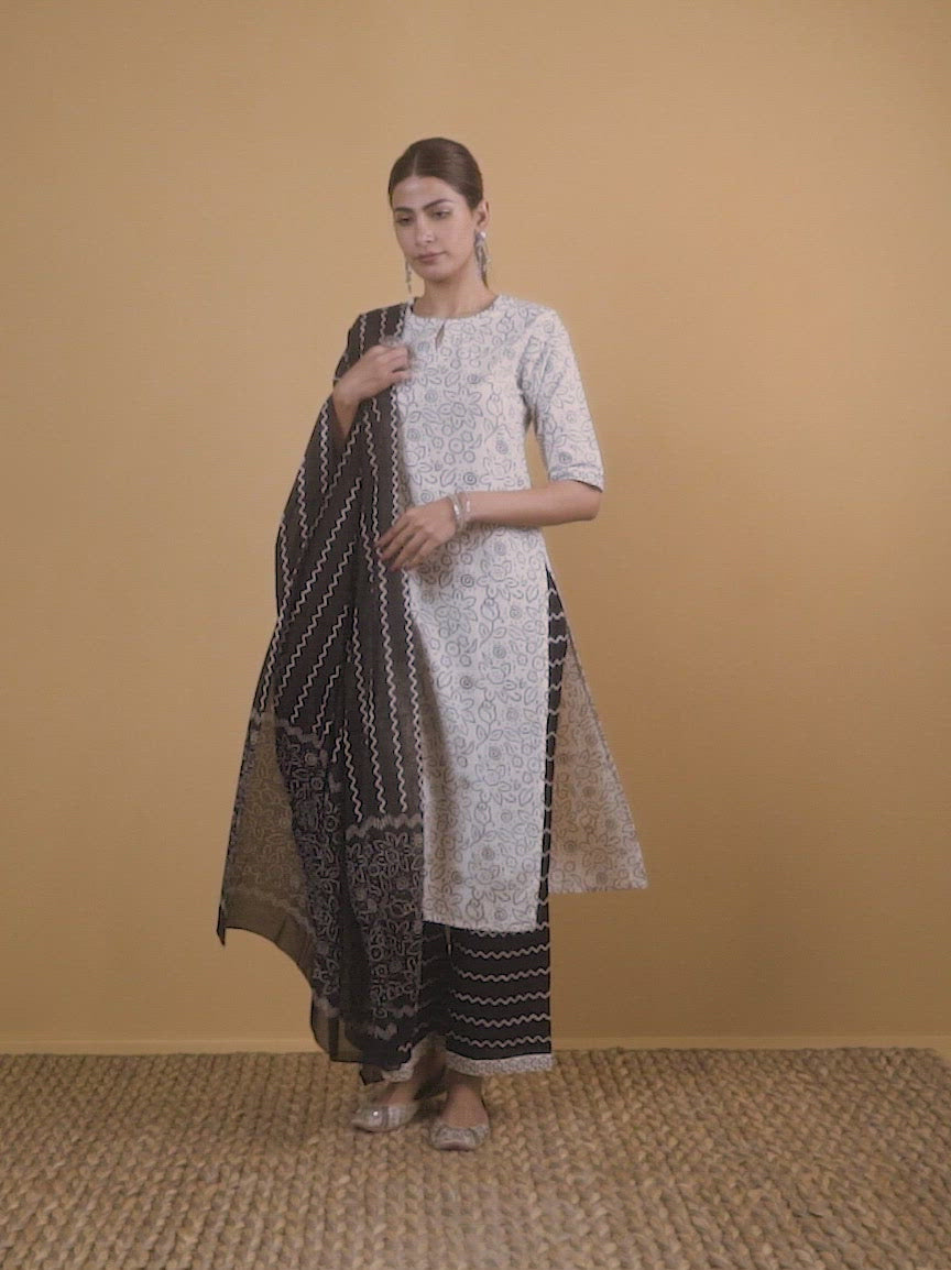 White Printed Cotton Straight Kurta With Palazzos & Dupatta