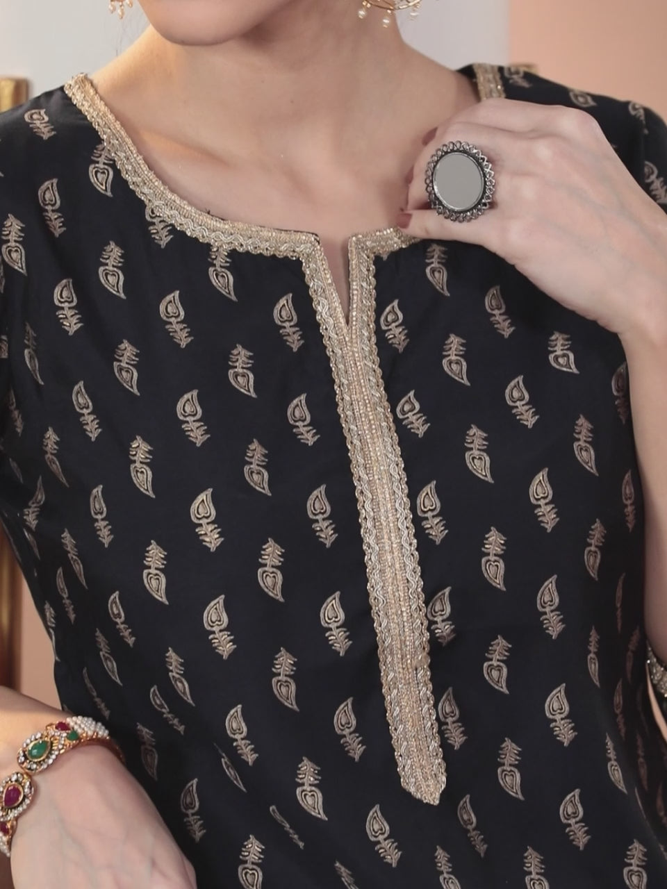  Navy Blue Printed Silk Straight Kurta 