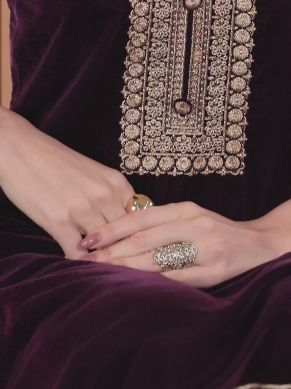  Purple Embroidered Velvet Straight Kurta With Trousers & Dupatta 