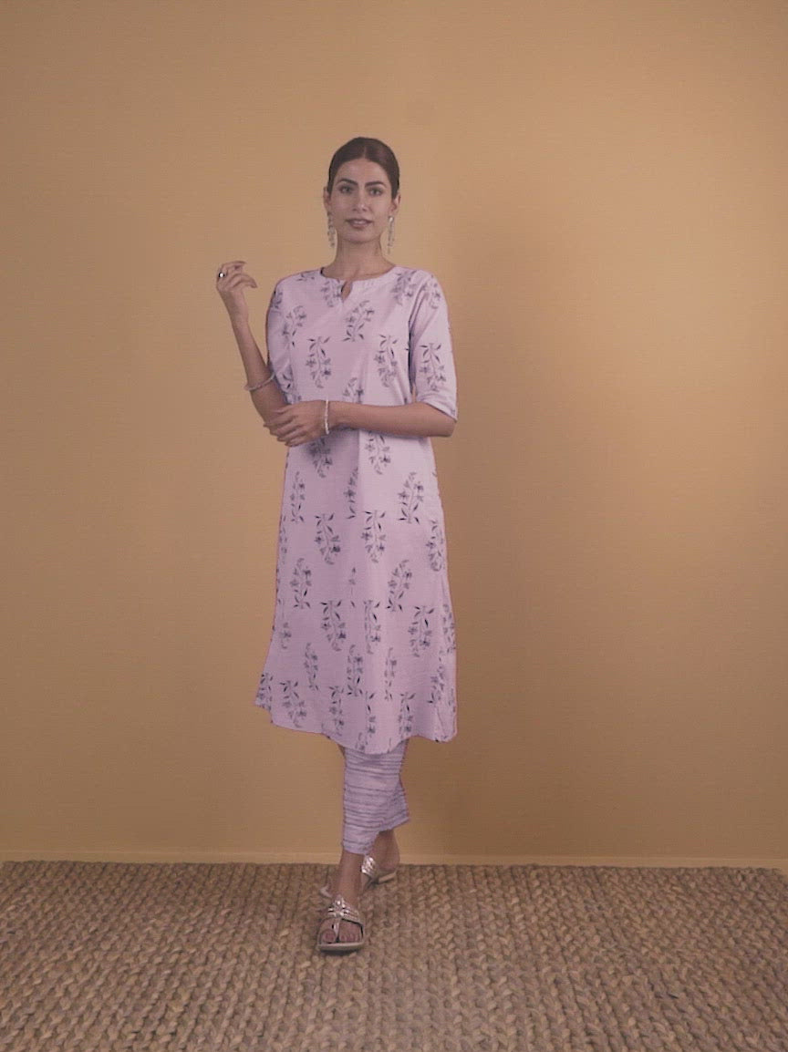 Purple Printed Cotton A-Line Kurta With Trousers