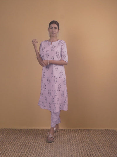 Purple Printed Cotton A-Line Kurta With Trousers