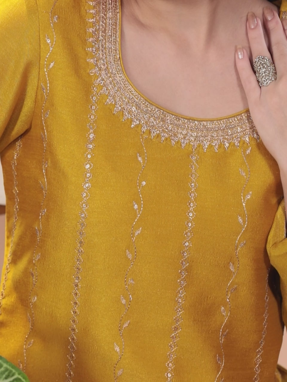  Mustard Embroidered Silk Straight Kurta 