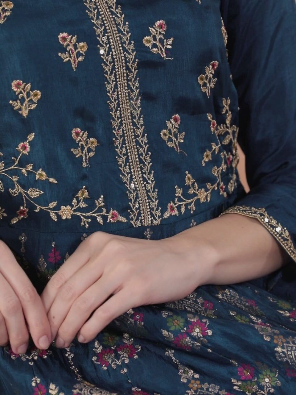 Blue Self Design Silk Anarkali Kurta With Churidar & Dupatta 