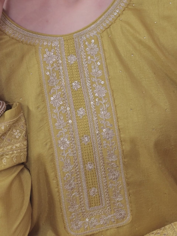 Lime Green Embroidered Silk Blend Straight Kurta With Trousers & Dupatta