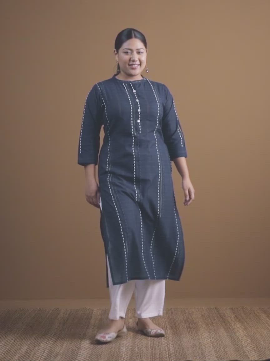 Plus Size Navy Blue Striped Cotton Kurta