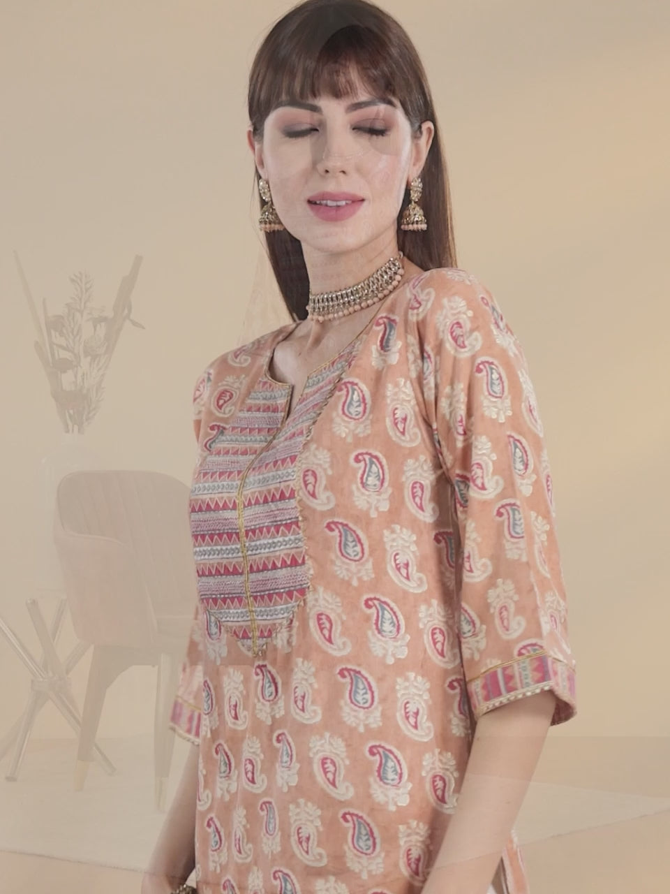  Peach Yoke Design Chanderi Silk Kurta 