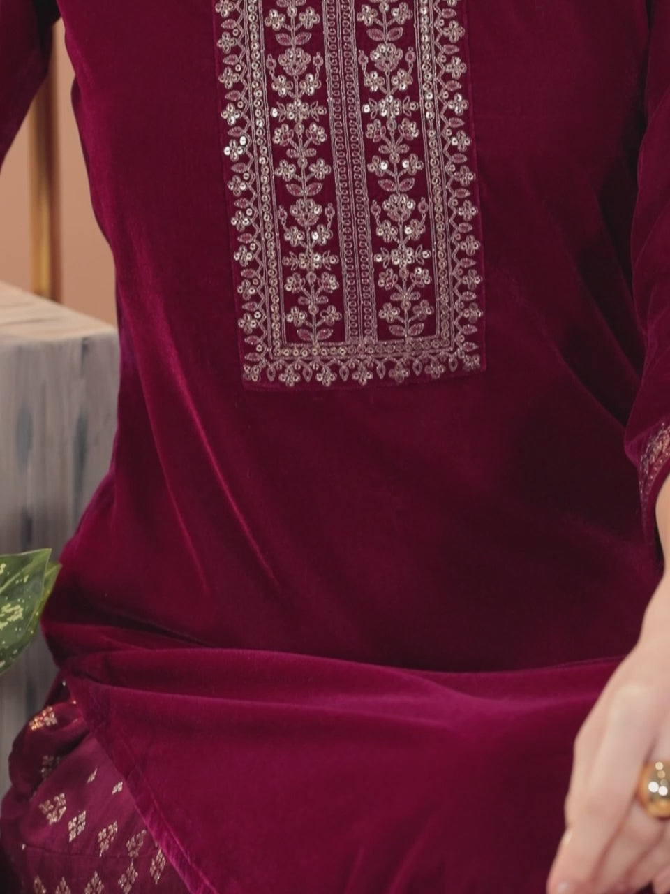  Fuchsia Yoke Design Velvet Straight Kurta With Dupatta 