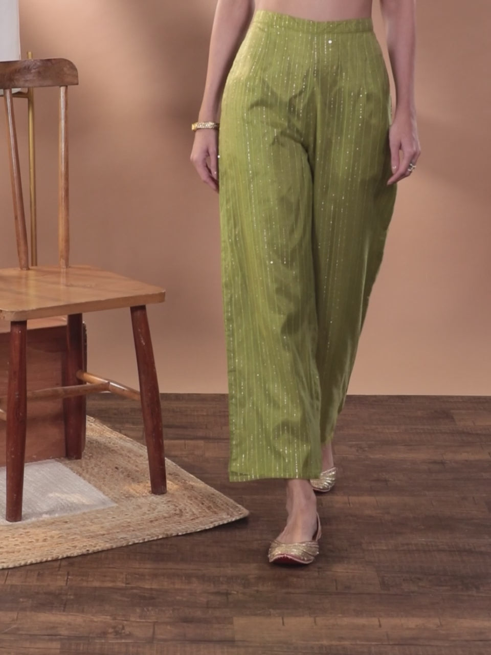  Green Embellished Organza Palazzos 