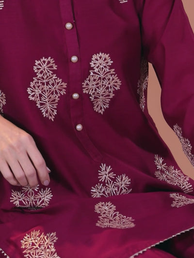 Purple Embroidered Chanderi Silk Straight Kurta With Sharara & Dupatta