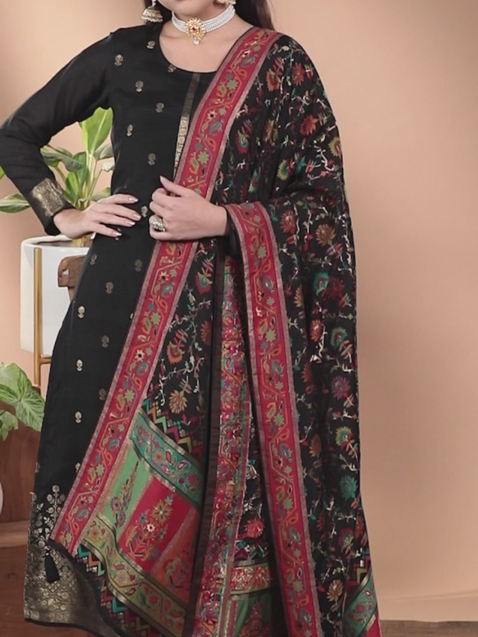 Black Self Design Silk Blend Straight Kurta With Dupatta