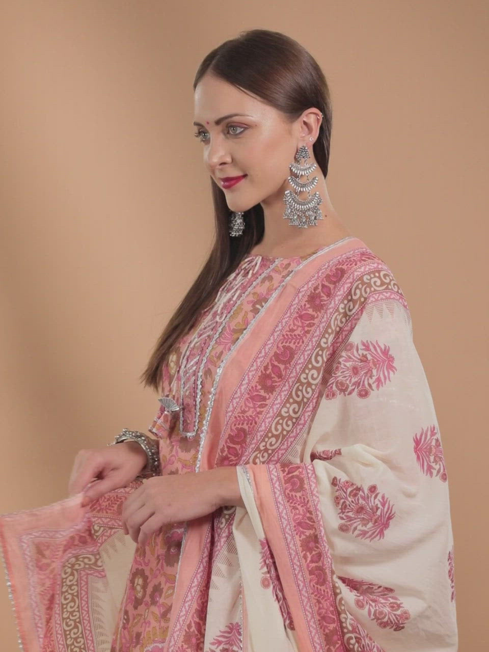  Pink Printed Cotton Straight Kurta With Skirt & Dupatta 