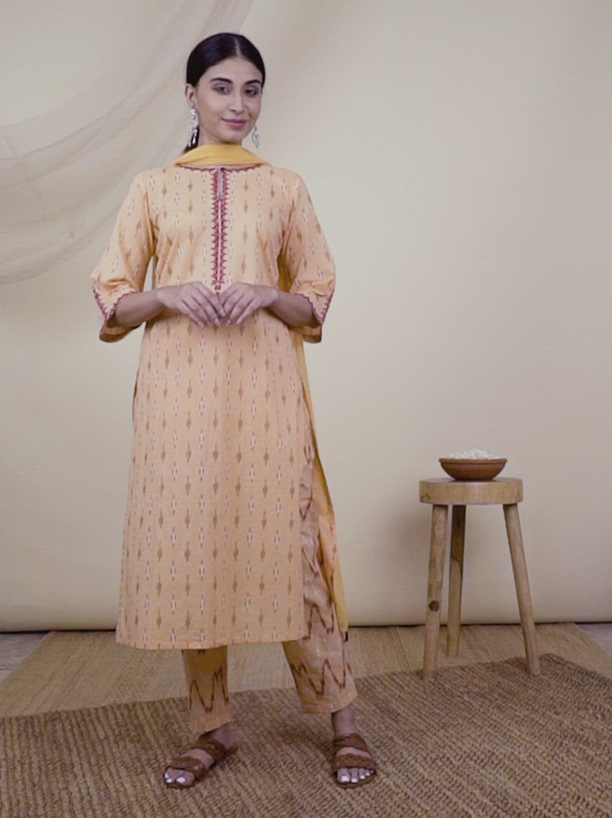 Peach Printed Cotton Straight Kurta With Dupatta 