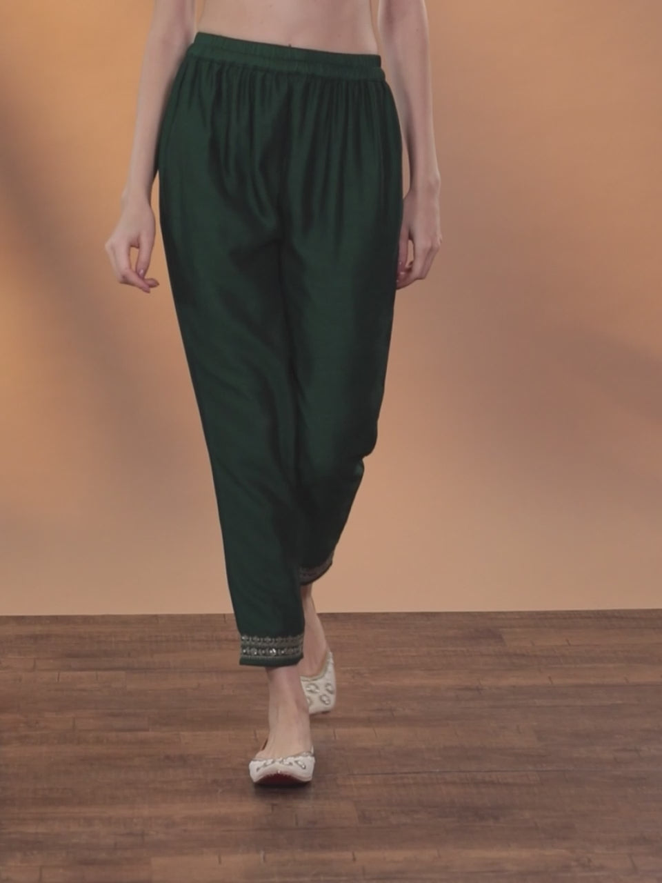  Green Solid Silk Trousers 