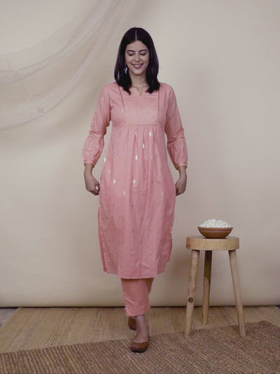 Peach Woven Design Cotton Kurta